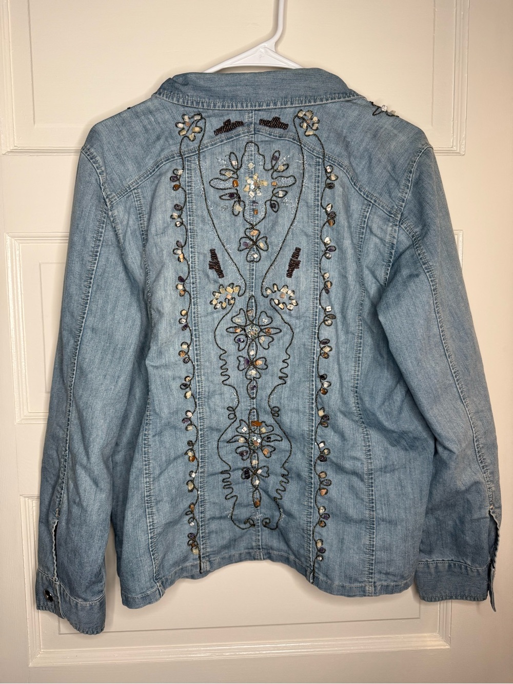 Chico's Light Blue Embroidered Denim Jacket with gemstones and bead stitching - Picture 2 of 6